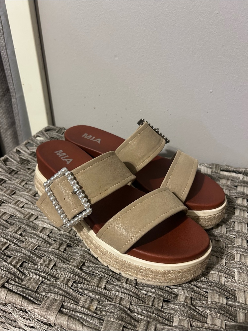 MIA Beige Platform Slide Sandals with Pearl-Trim Buckle
